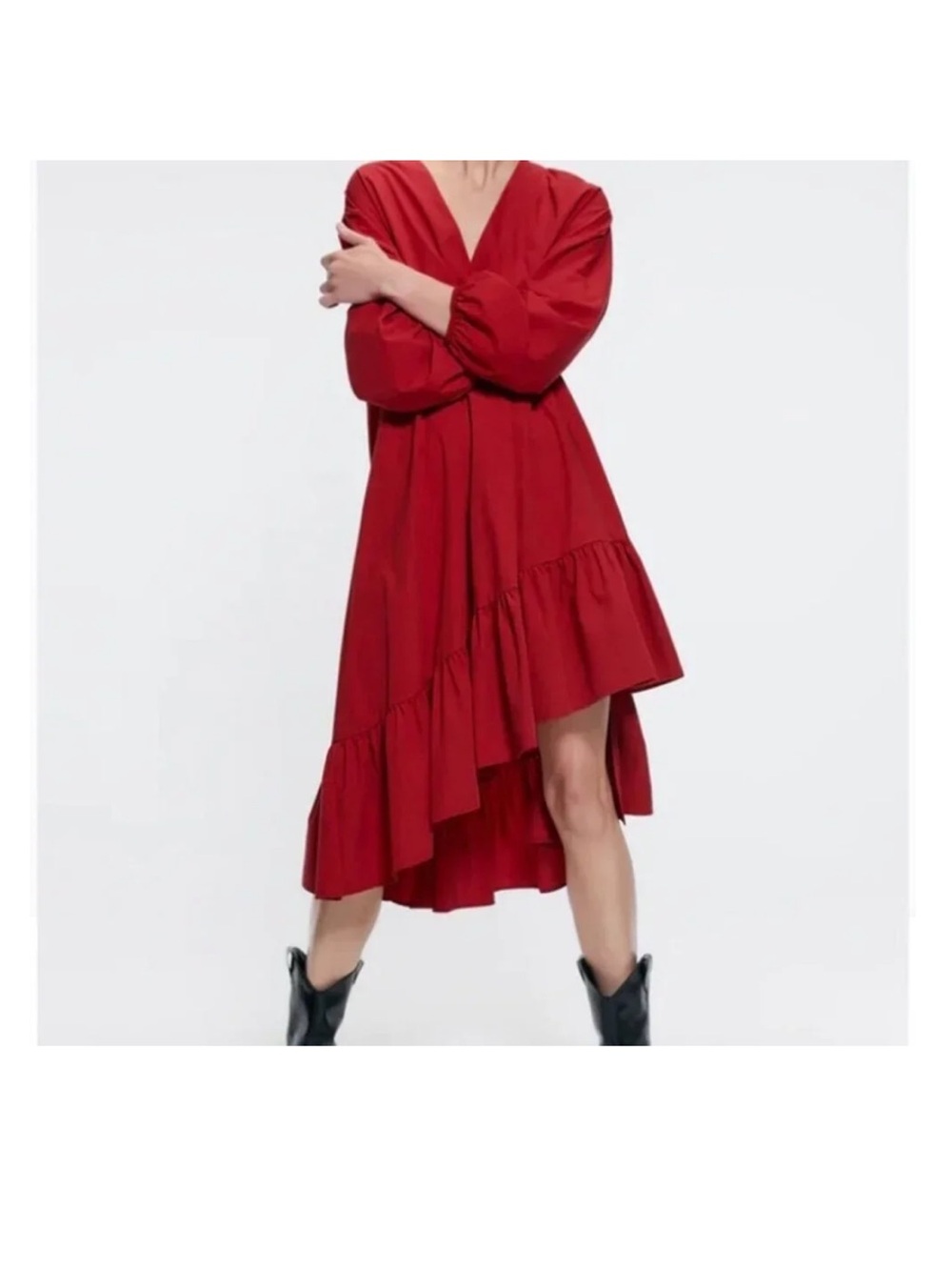 Zara Midi Poplin Asymmetrical Flamenco Red Dress